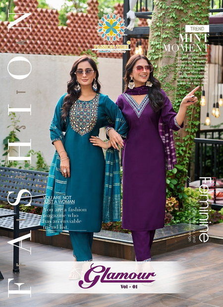 Glamour Vol 1 By Passion Tree Roman Silk Straight Kurti With Pant And Dupatta Wholesalers In Delhi